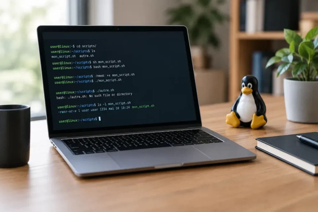 Terminal Linux montrant les commandes pour exécuter un fichier .sh