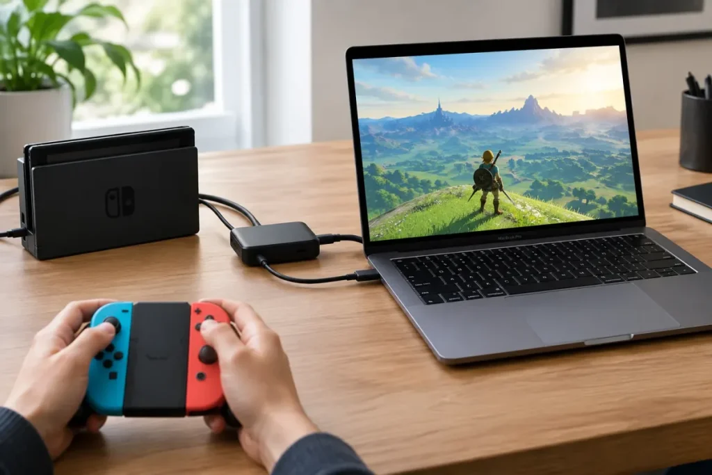 Nintendo Switch affichée sur l’écran d’un MacBook Pro via une carte d’acquisition