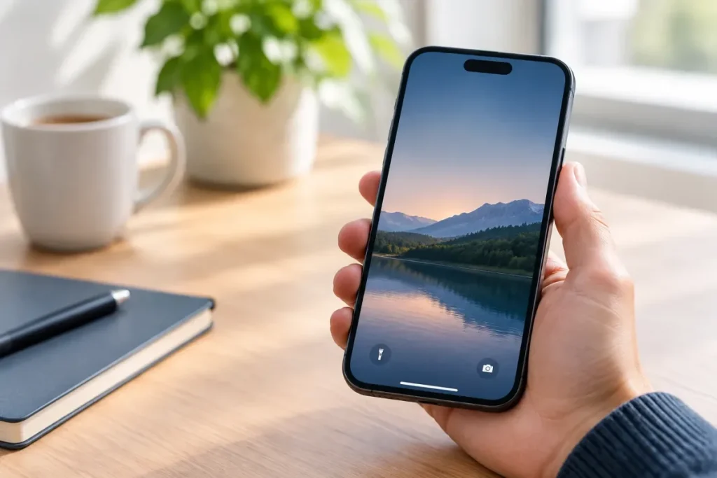 Écran verrouillé d’un iPhone avec la date et l’heure camouflées par un fond d’écran
