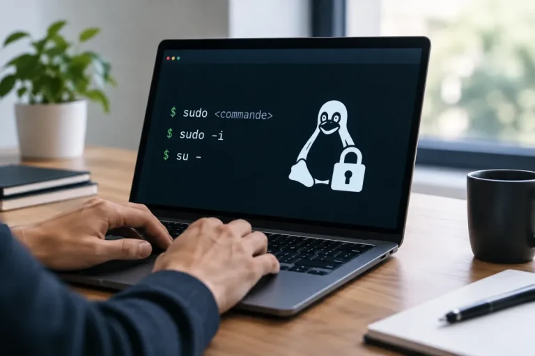 Terminal Linux affichant une session root avec sudo ou su