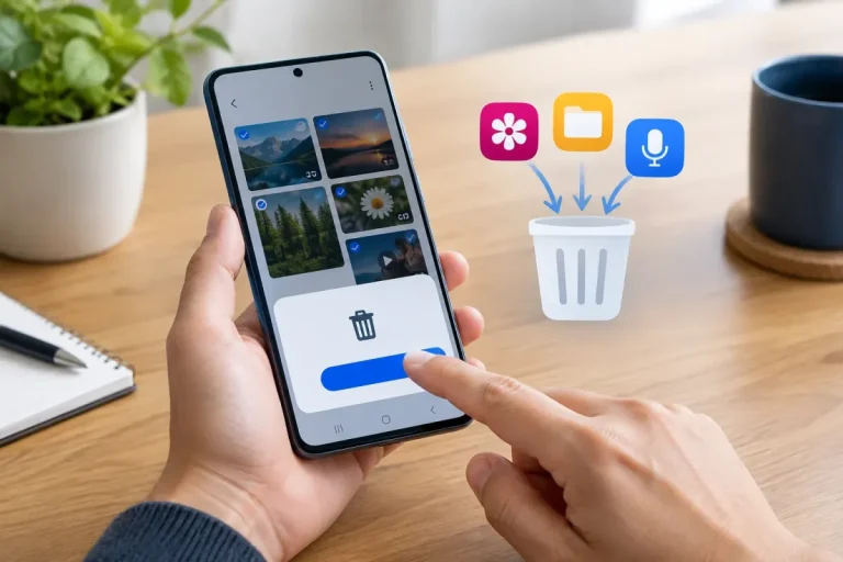 Écran d’un téléphone Samsung Android affichant la corbeille de l’application Galerie